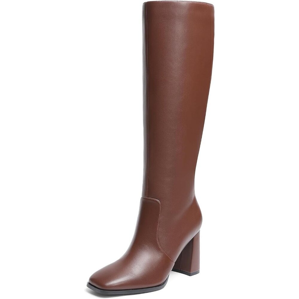 Women's Brown DREAM PAIRS Knee-High Boots Square Toe Gogo Chunky Heel Side Zip